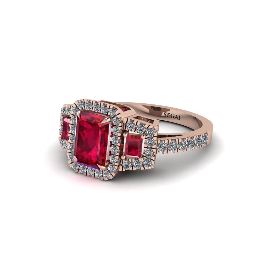 Ruby Three Halo Radiance Engagement Ring - Emely No. 11