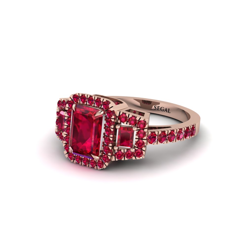Ruby Three Halo Radiance Engagement Ring - Emely No. 56