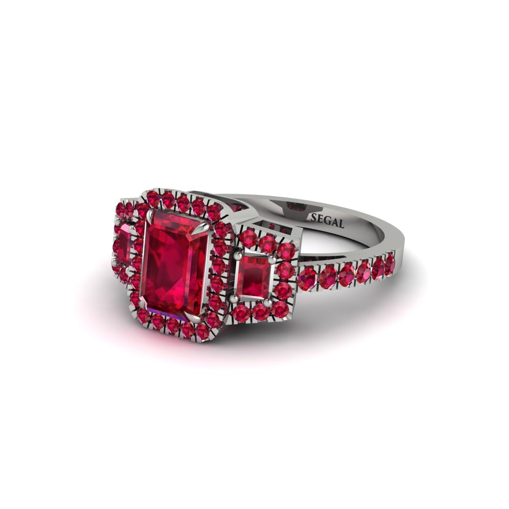 Ruby Three Halo Radiance Engagement Ring - Emely No. 57