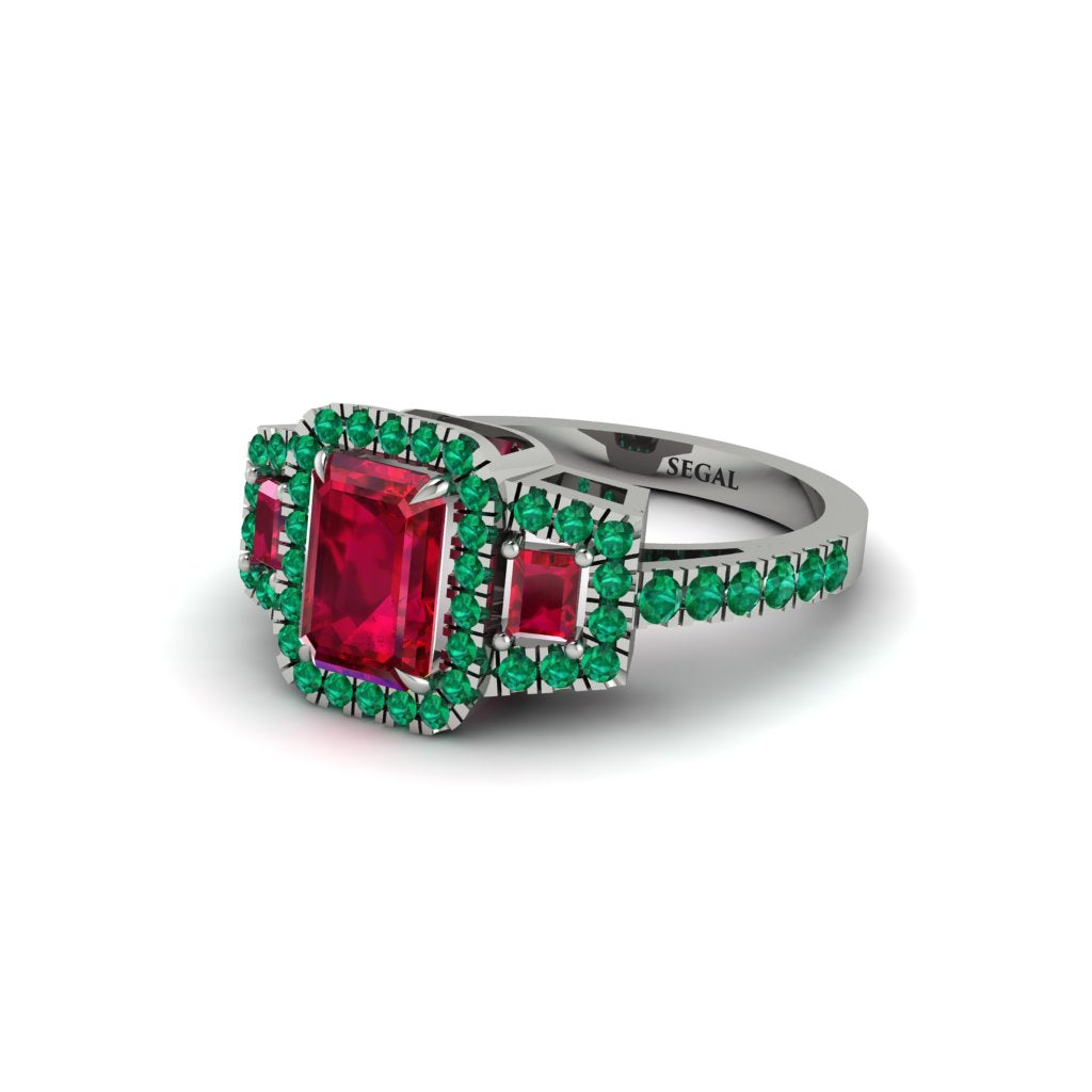 Ruby Three Halo Radiance Engagement Ring - Emely No. 27