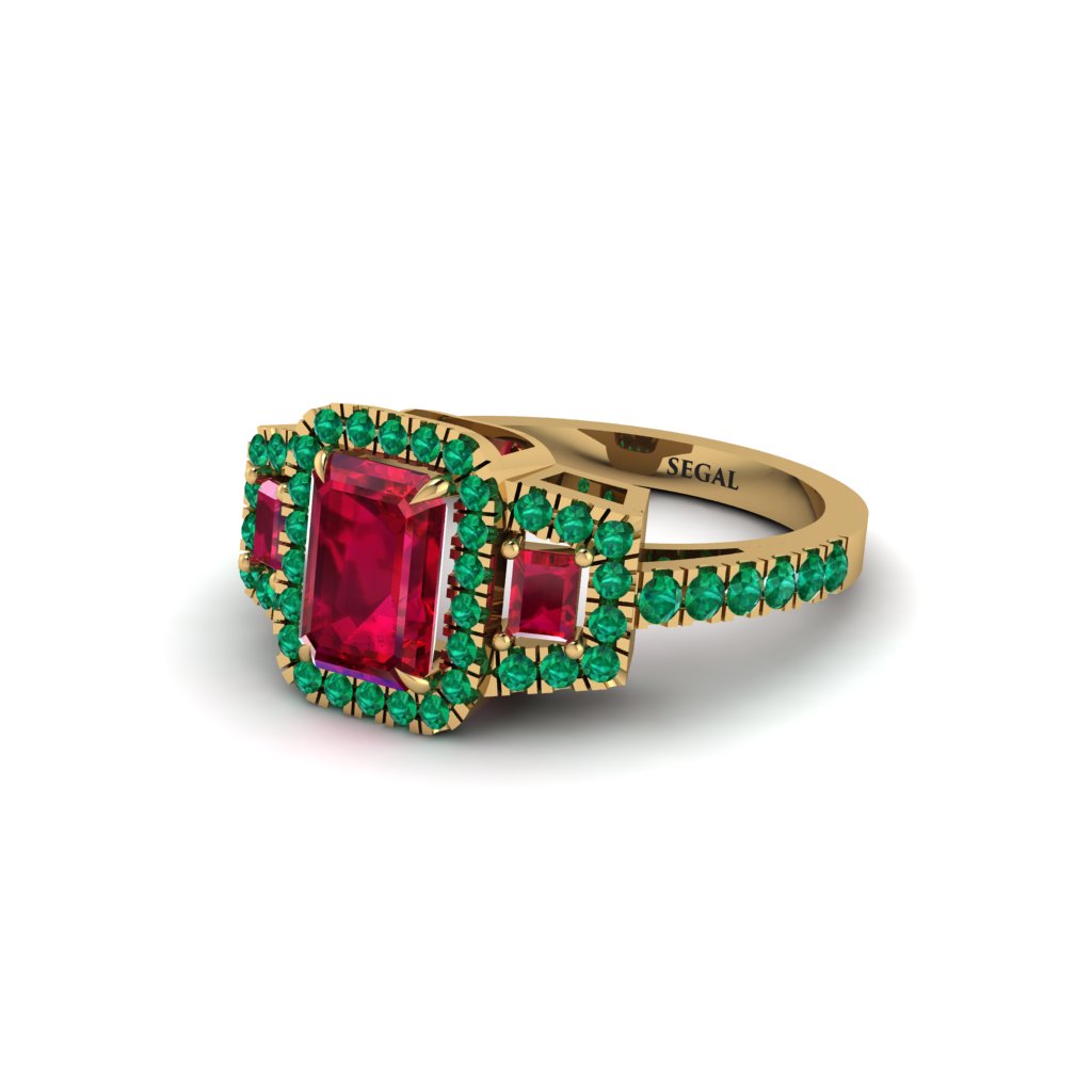 Ruby Three Halo Radiance Engagement Ring - Emely No. 25