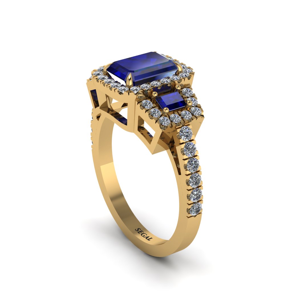 Sapphire Three Halo Radiance Engagement Ring - Emely No. 13