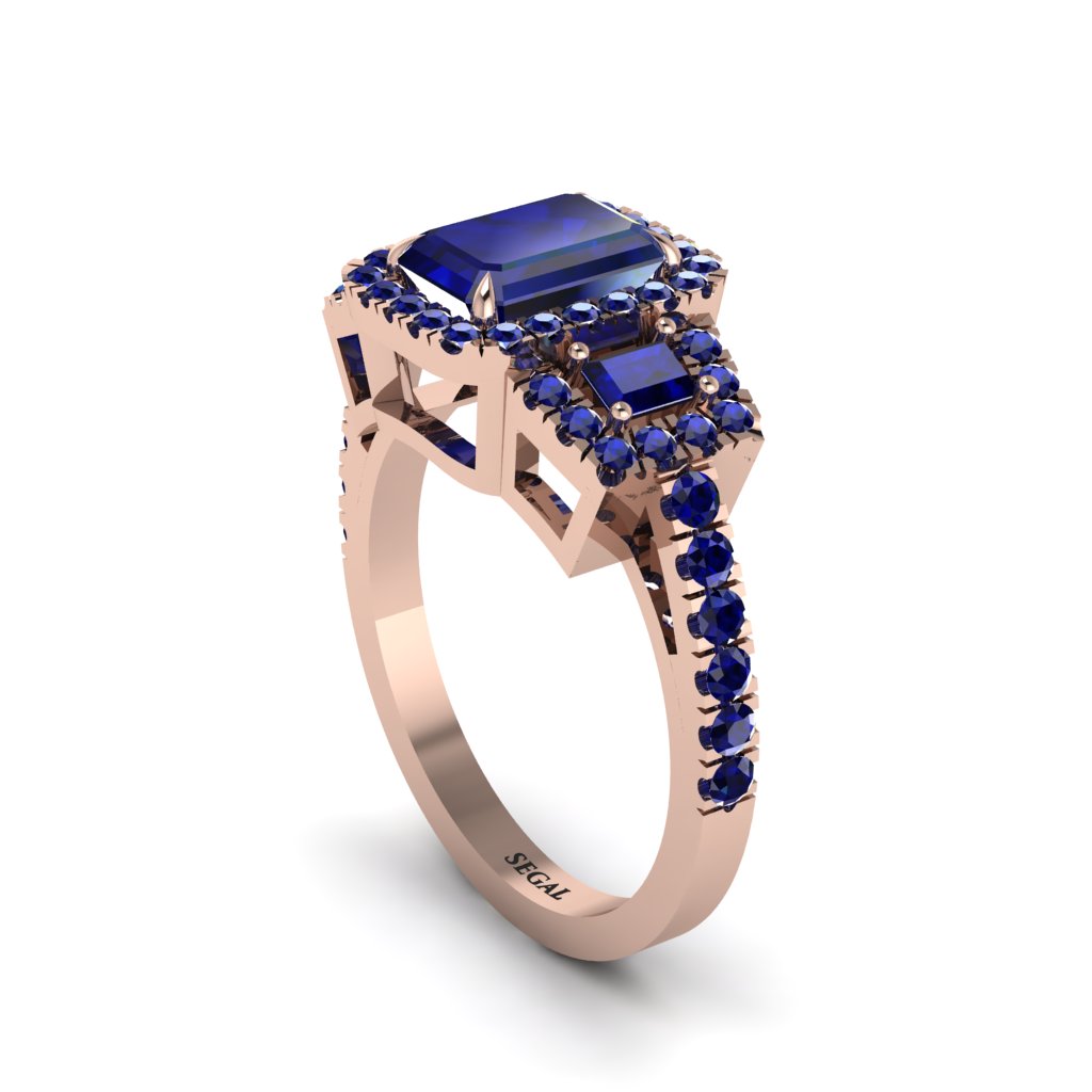 Sapphire Three Halo Radiance Engagement Ring - Emely No. 74