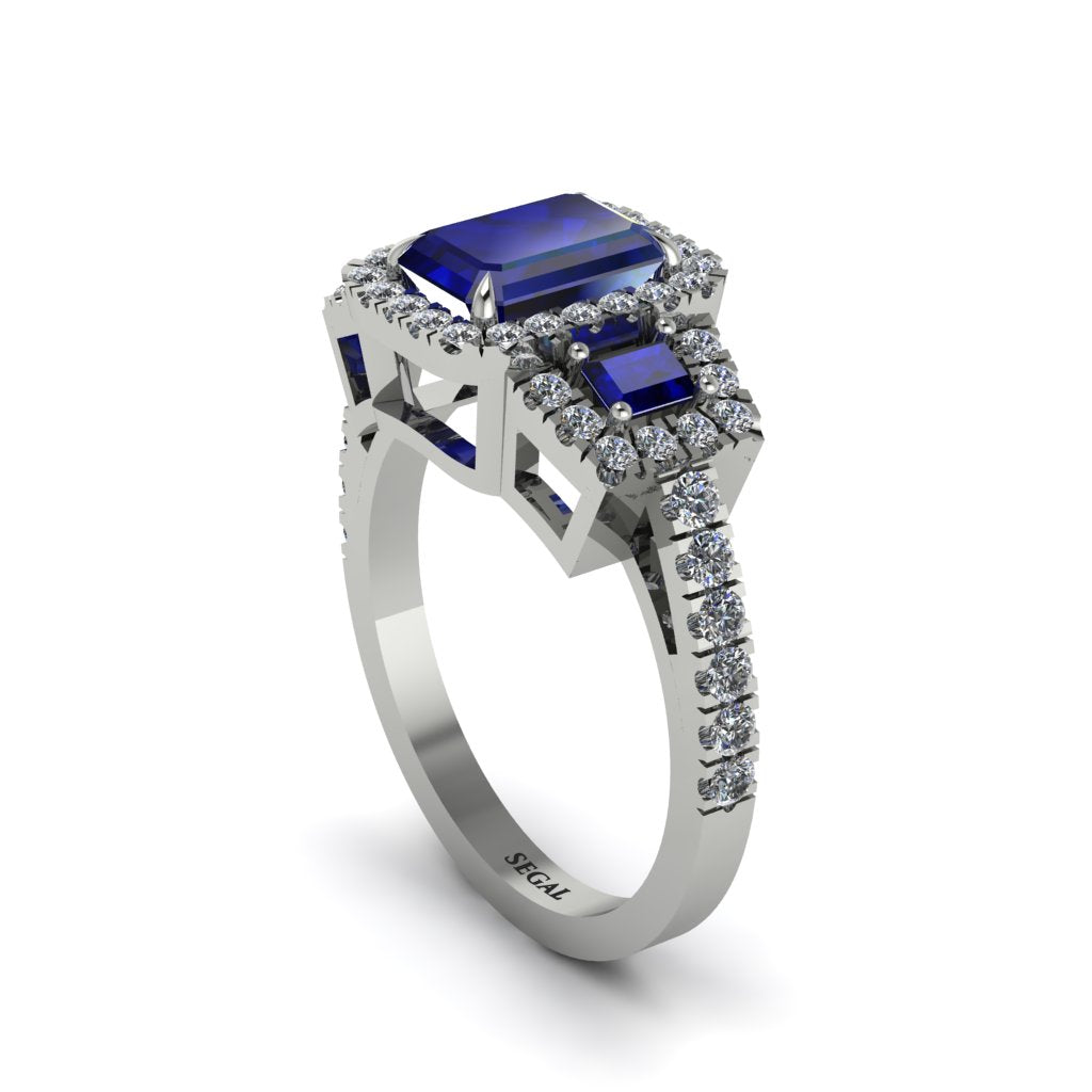Sapphire Three Halo Radiance Engagement Ring - Emely No. 15