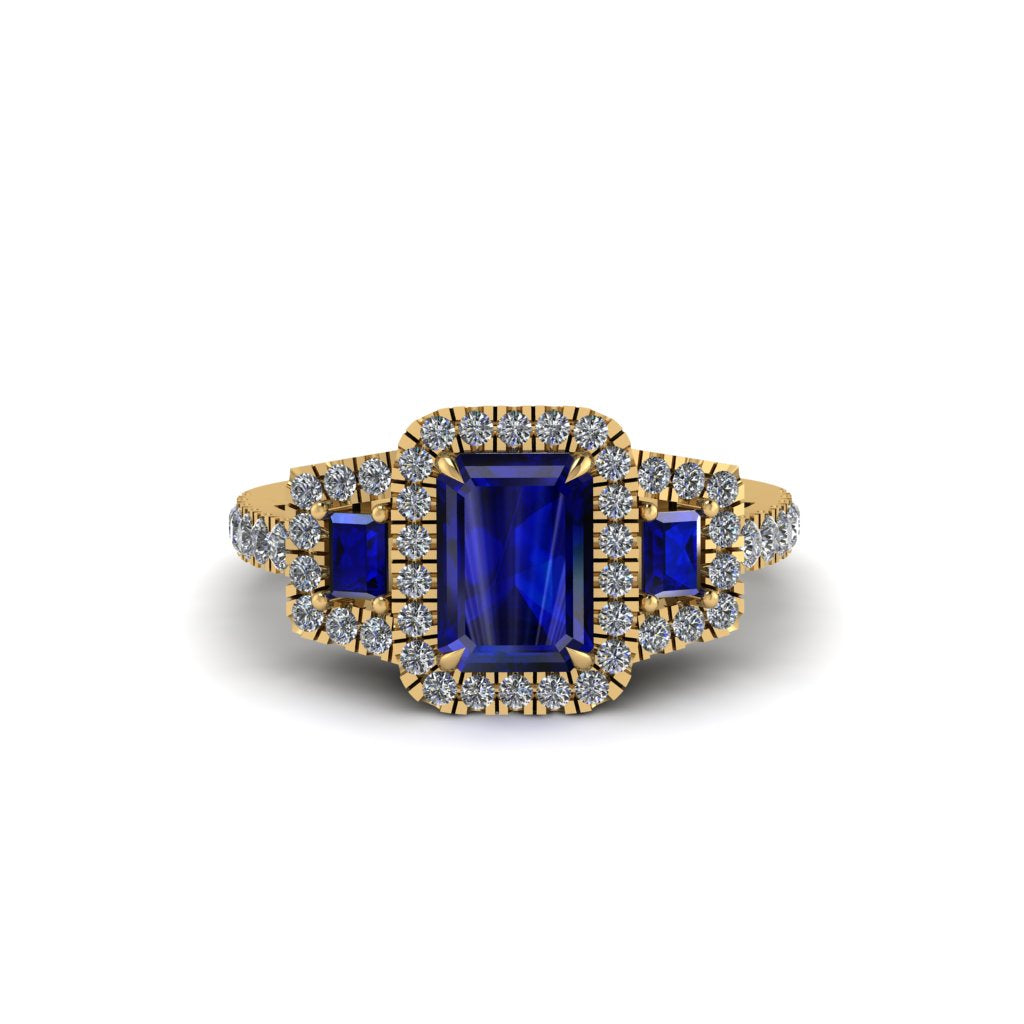 Sapphire Three Halo Radiance Engagement Ring - Emely No. 13