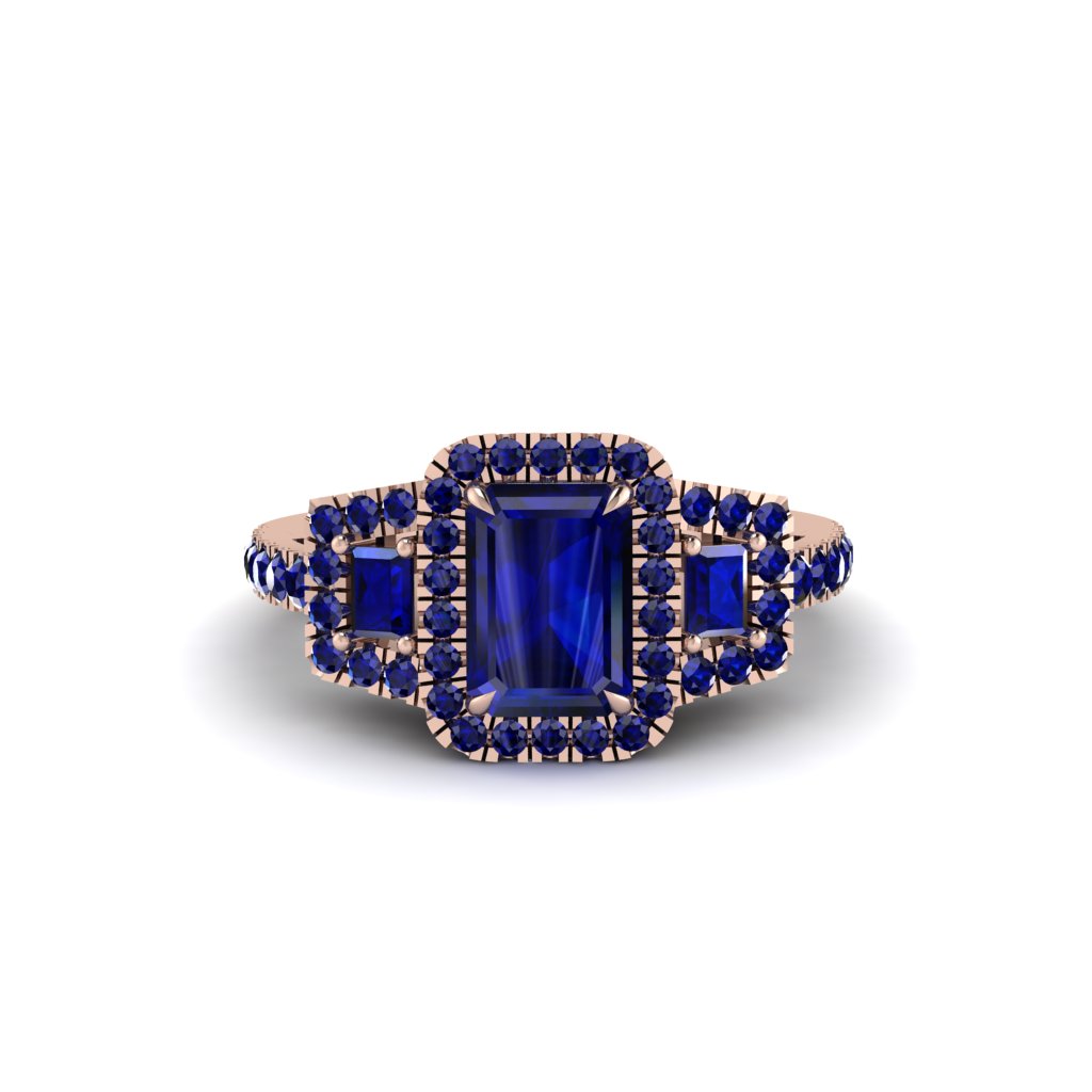 Sapphire Three Halo Radiance Engagement Ring - Emely No. 74