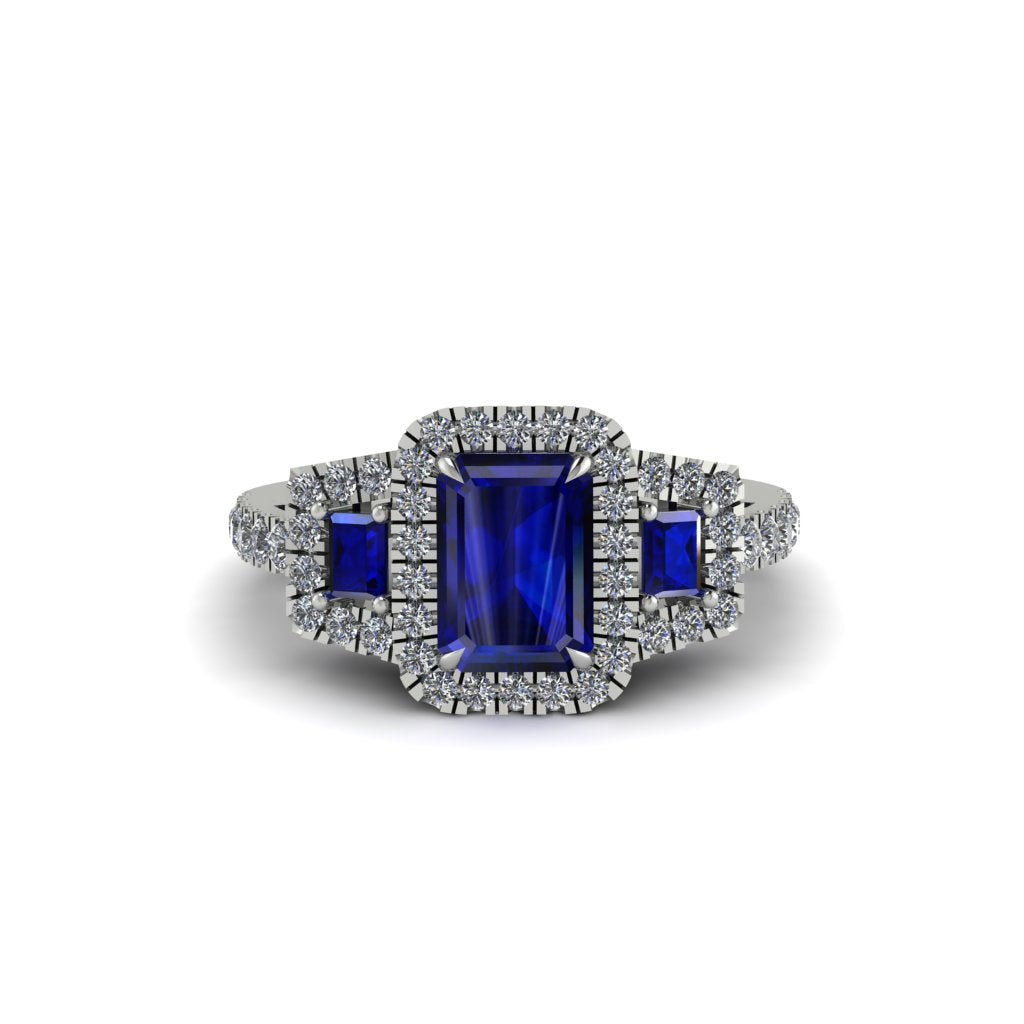Sapphire Three Halo Radiance Engagement Ring - Emely No. 15