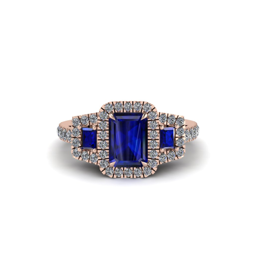 Sapphire Three Halo Radiance Engagement Ring - Emely No. 14