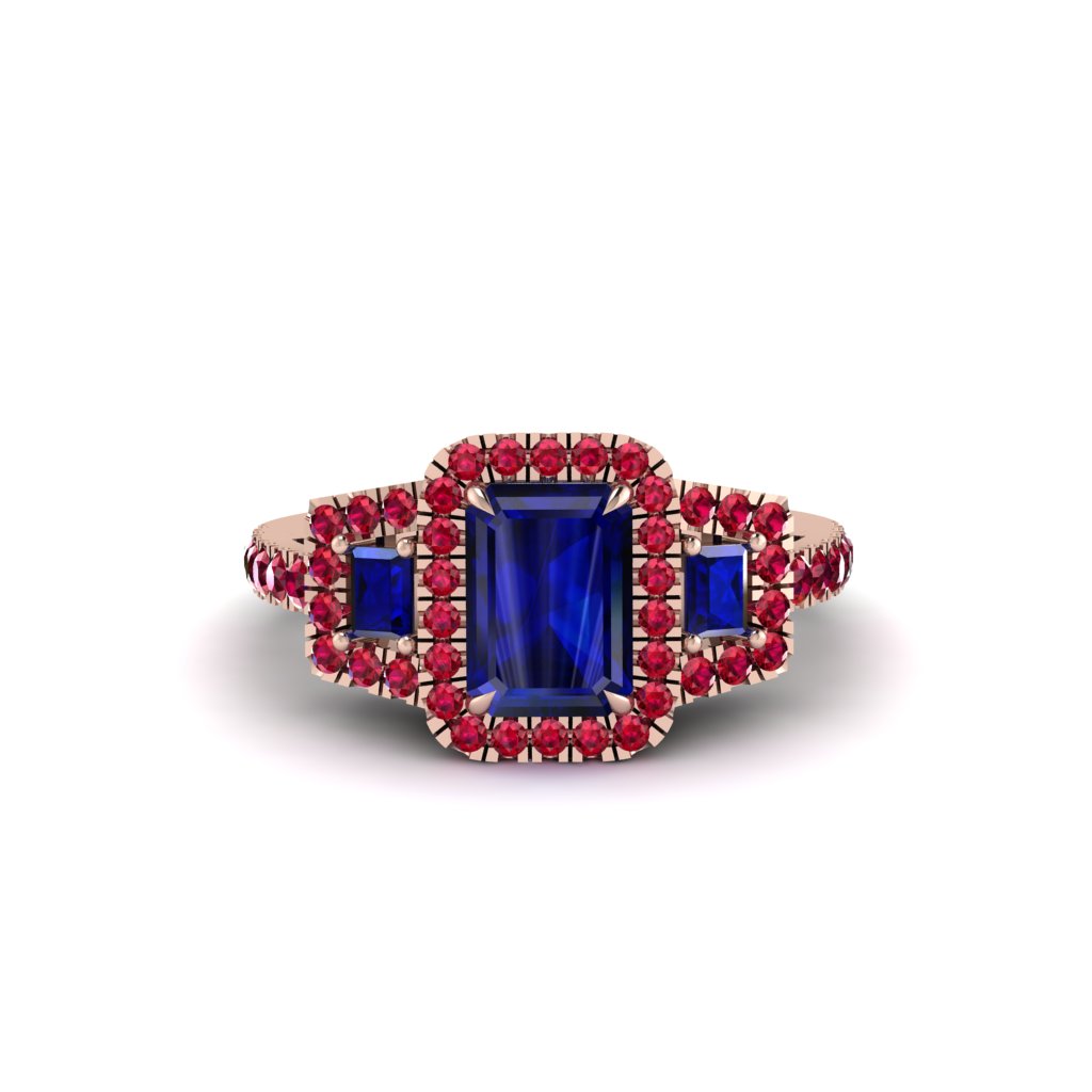 Sapphire Three Halo Radiance Engagement Ring - Emely No. 59