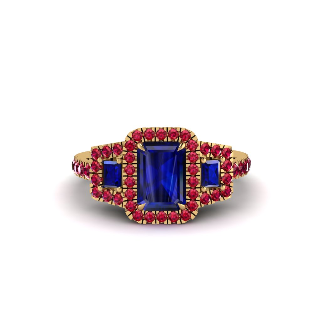 Sapphire Three Halo Radiance Engagement Ring - Emely No. 58