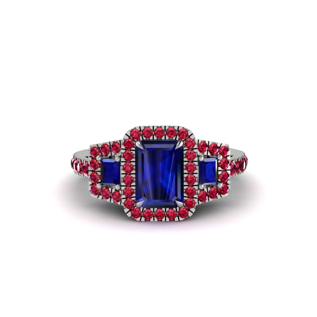 Sapphire Three Halo Radiance Engagement Ring - Emely No. 60