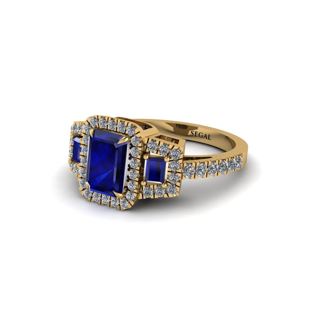 Sapphire Three Halo Radiance Engagement Ring - Emely No. 13