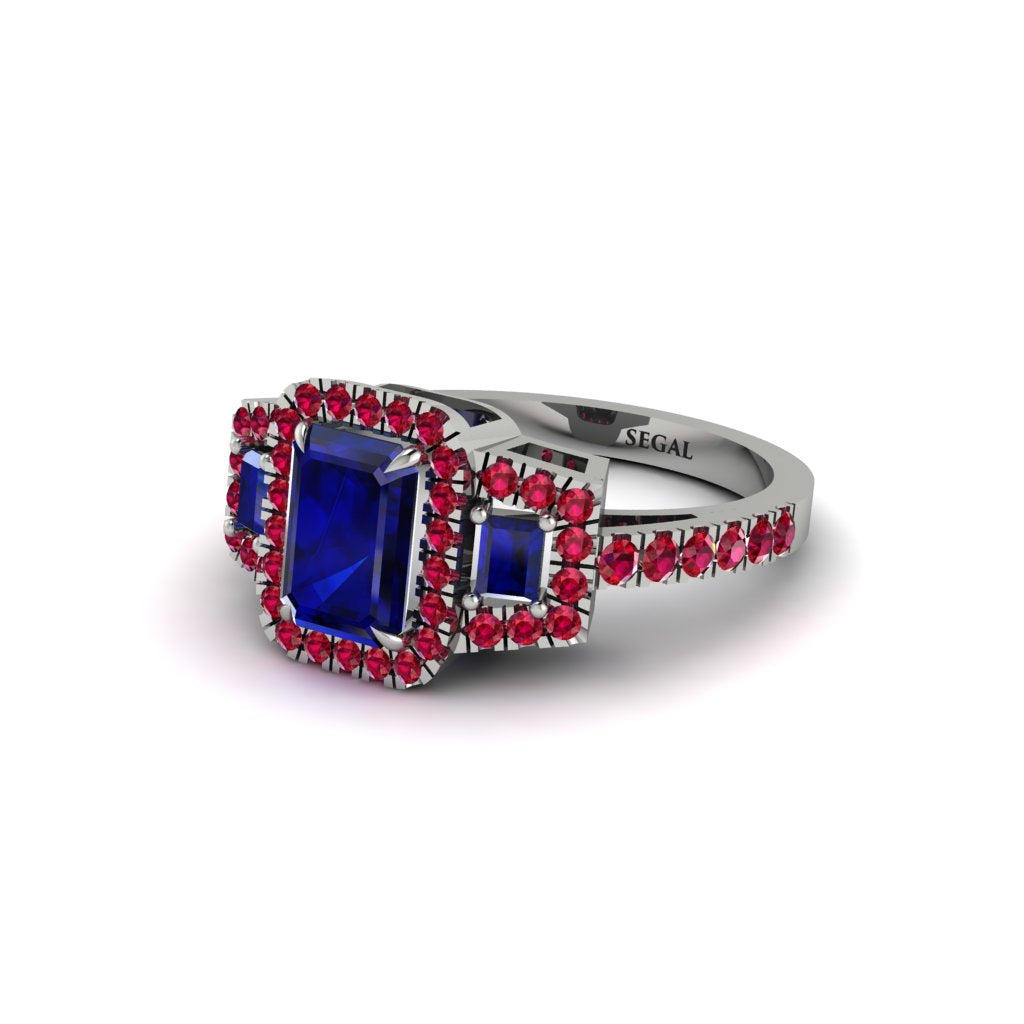 Sapphire Three Halo Radiance Engagement Ring - Emely No. 60