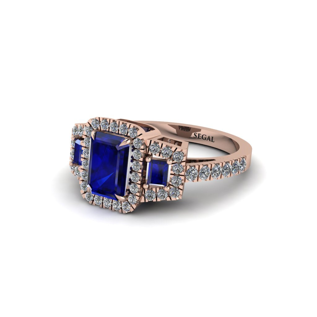 Sapphire Three Halo Radiance Engagement Ring - Emely No. 14