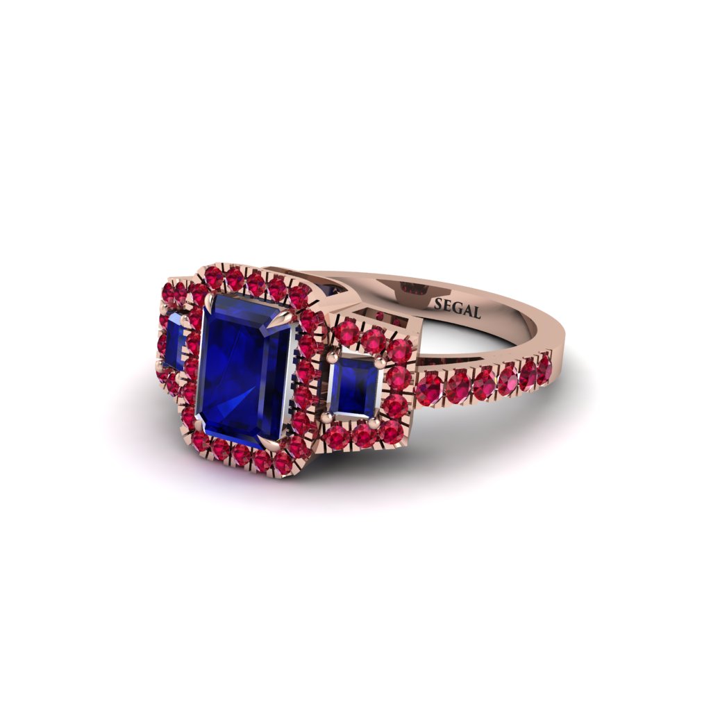 Sapphire Three Halo Radiance Engagement Ring - Emely No. 59