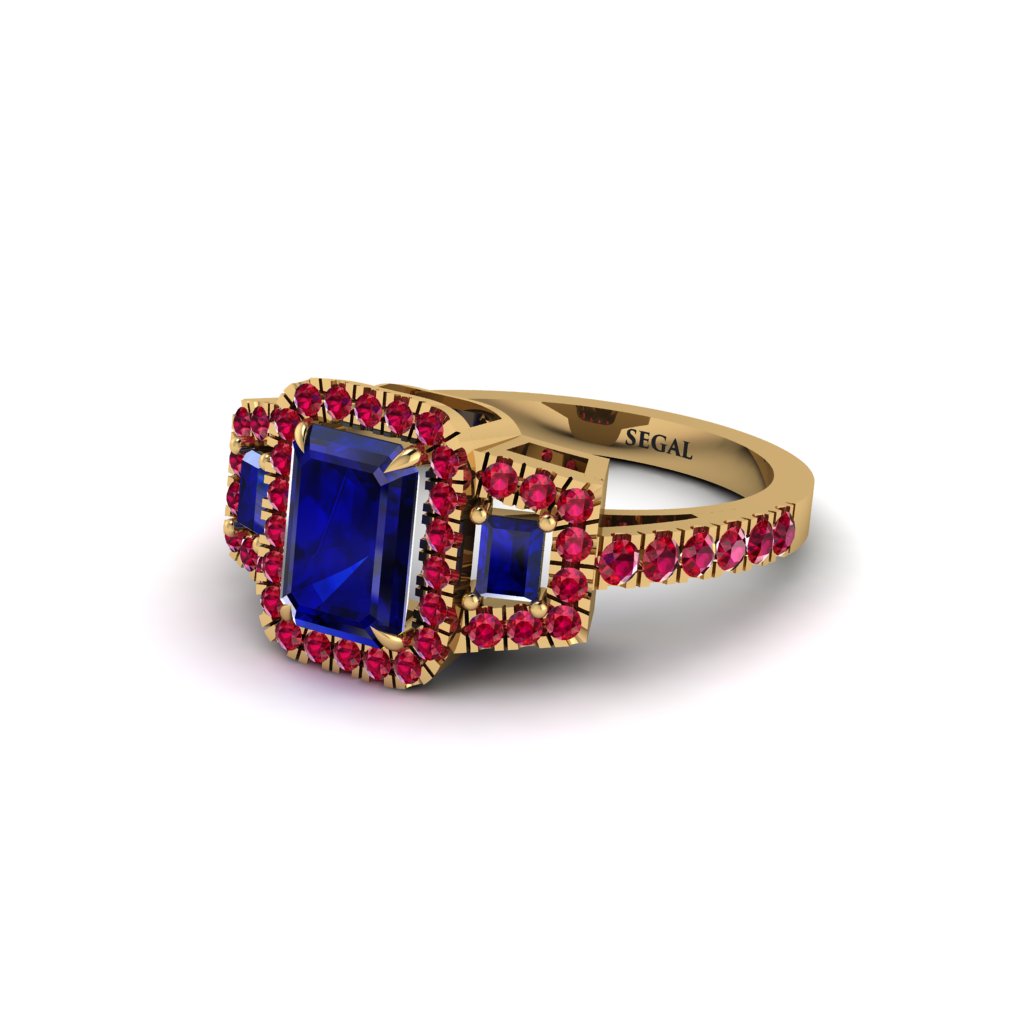 Sapphire Three Halo Radiance Engagement Ring - Emely No. 58