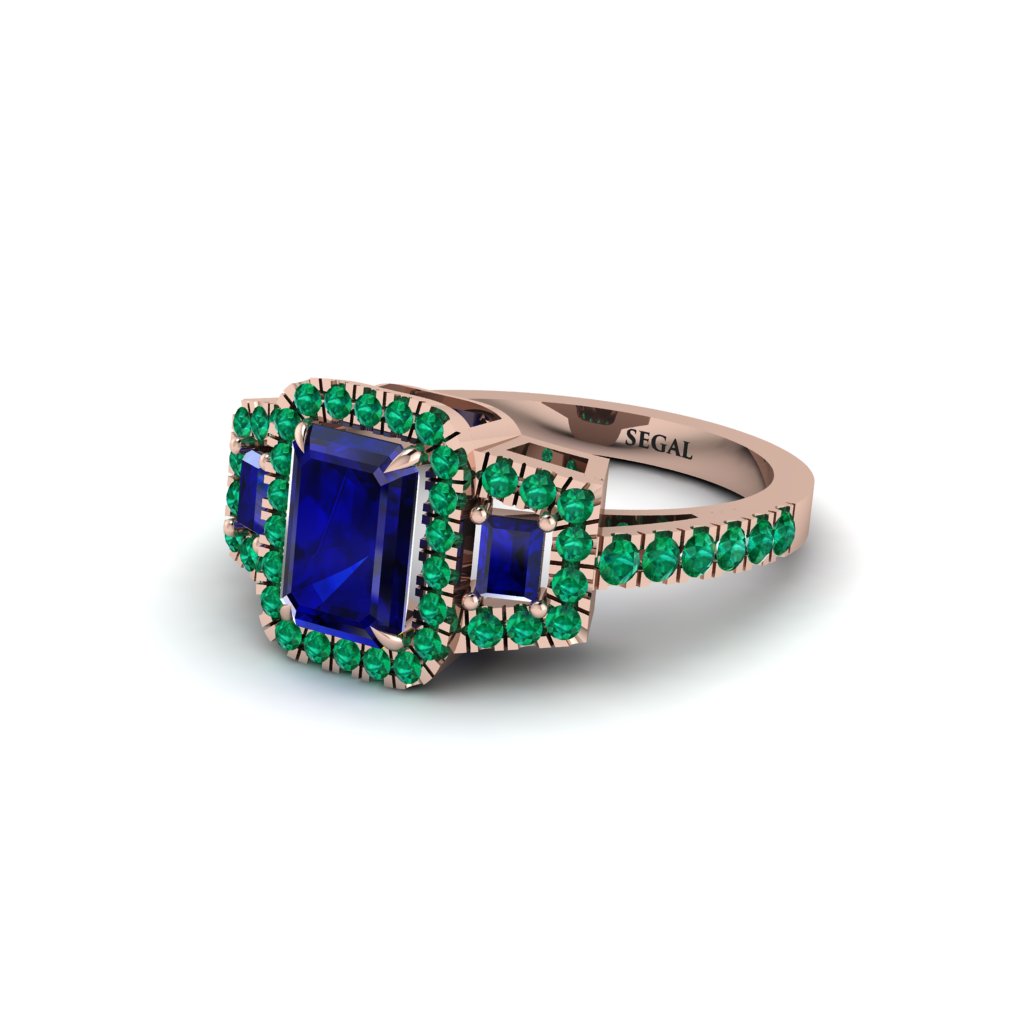 Sapphire Three Halo Radiance Engagement Ring - Emely No. 29