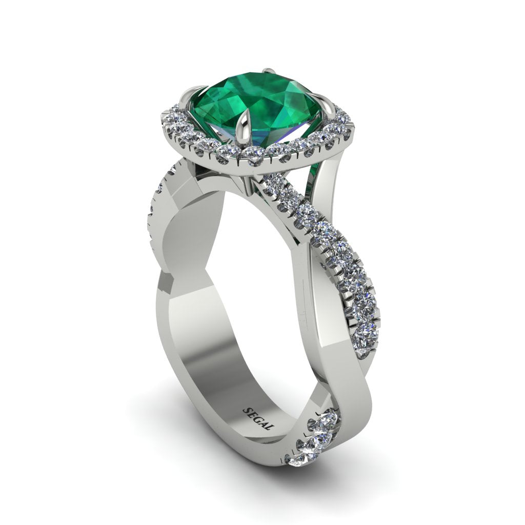Emerald Twist Shank Halo Engagement Ring - Cheyenne No. 6