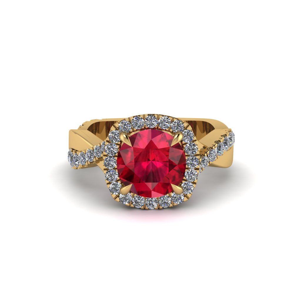 Ruby Twist Shank Halo Engagement Ring - Cheyenne No. 10