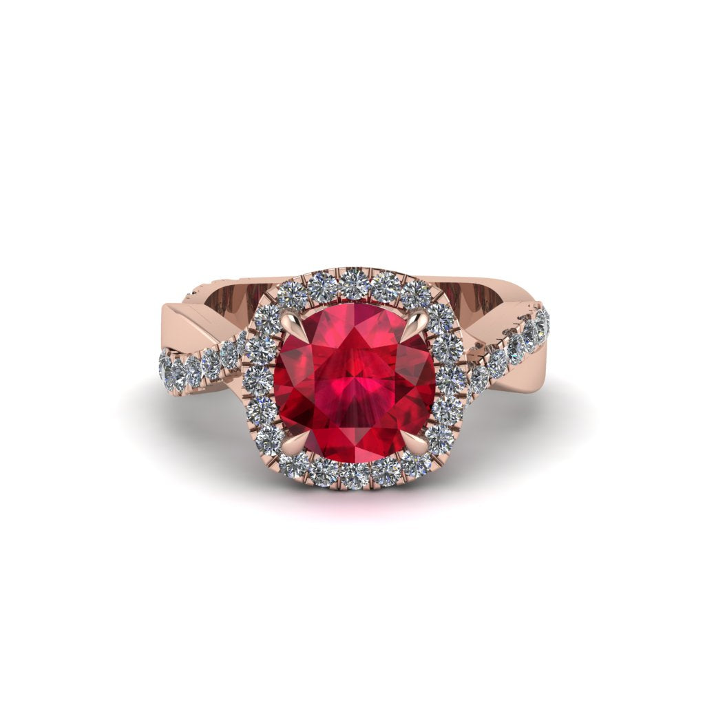 Ruby Twist Shank Halo Engagement Ring - Cheyenne No. 11