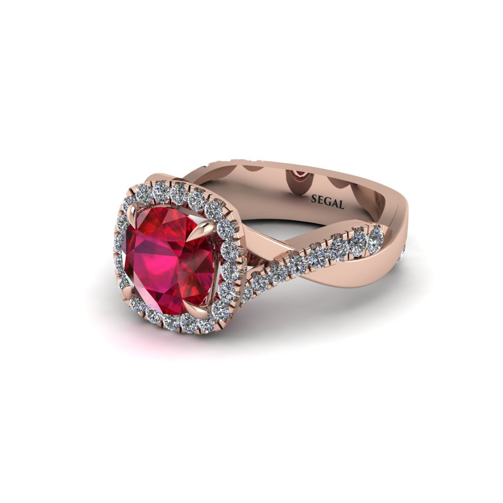 Ruby Twist Shank Halo Engagement Ring - Cheyenne No. 11