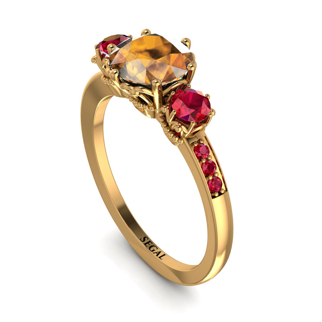 Vintage 3 Stones Brown Diamond Ring With Micro Pave - Luna No. 1113