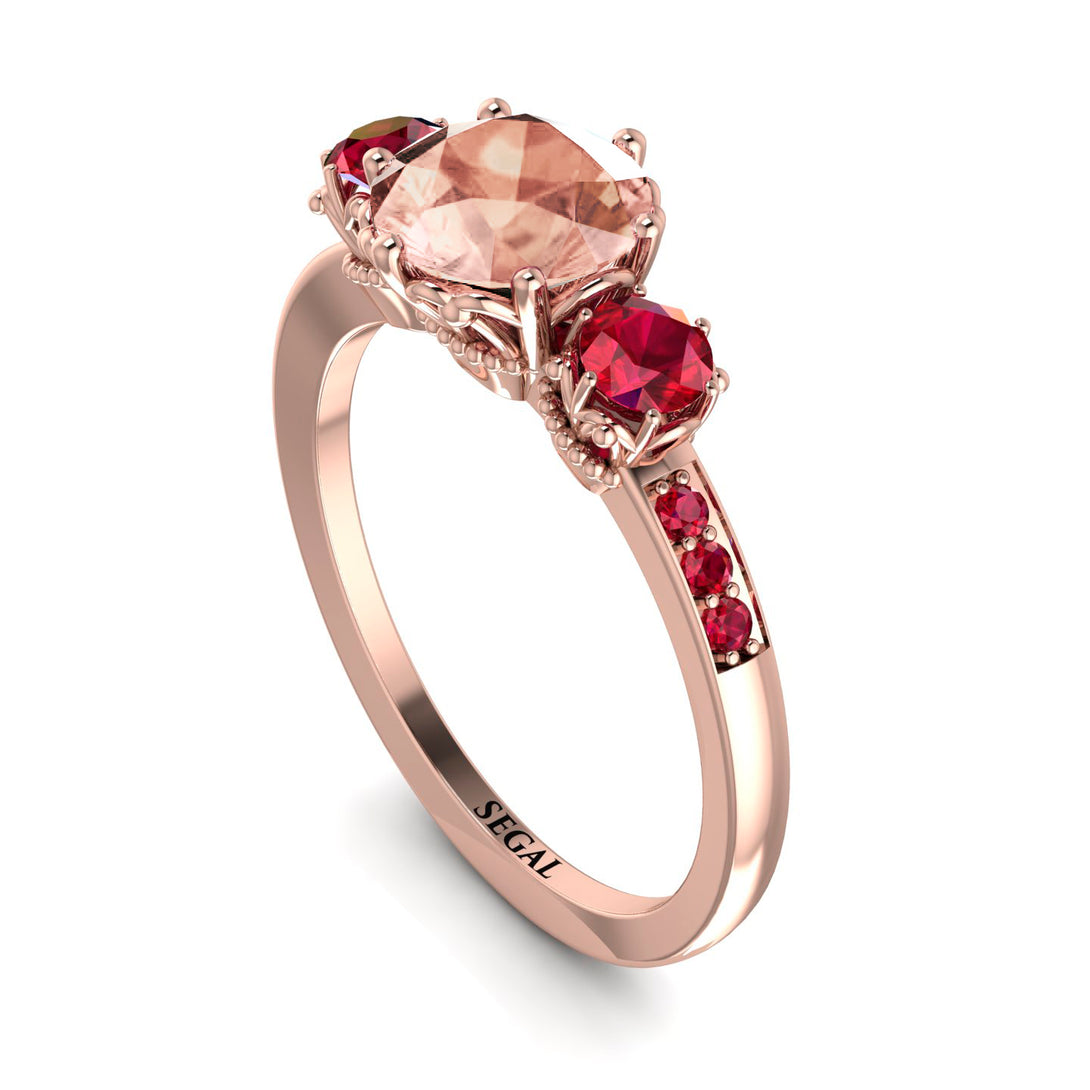 Vintage 3 Stones Morganite Ring With Micro Pave - Luna No. 914