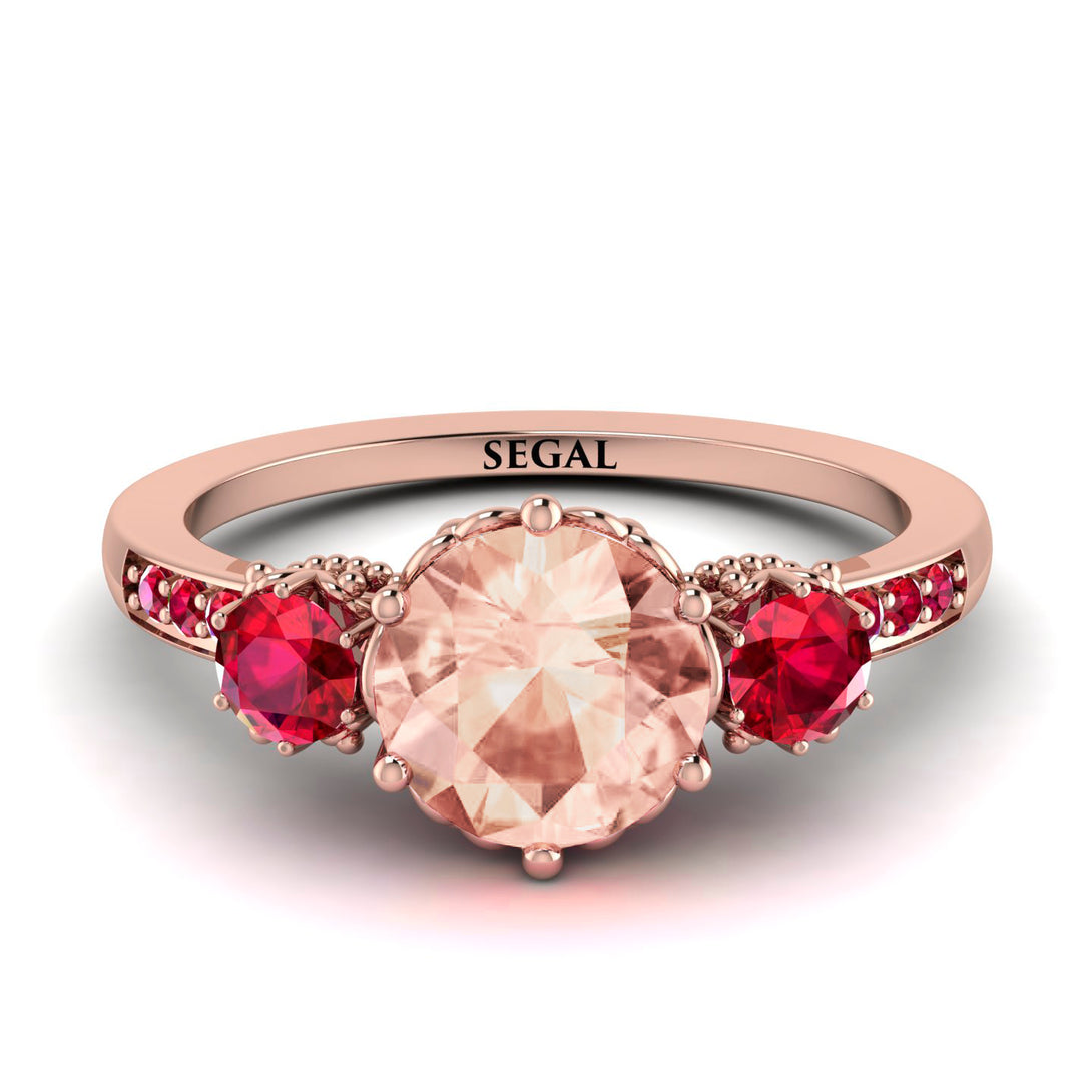 Vintage 3 Stones Morganite Ring With Micro Pave - Luna No. 914