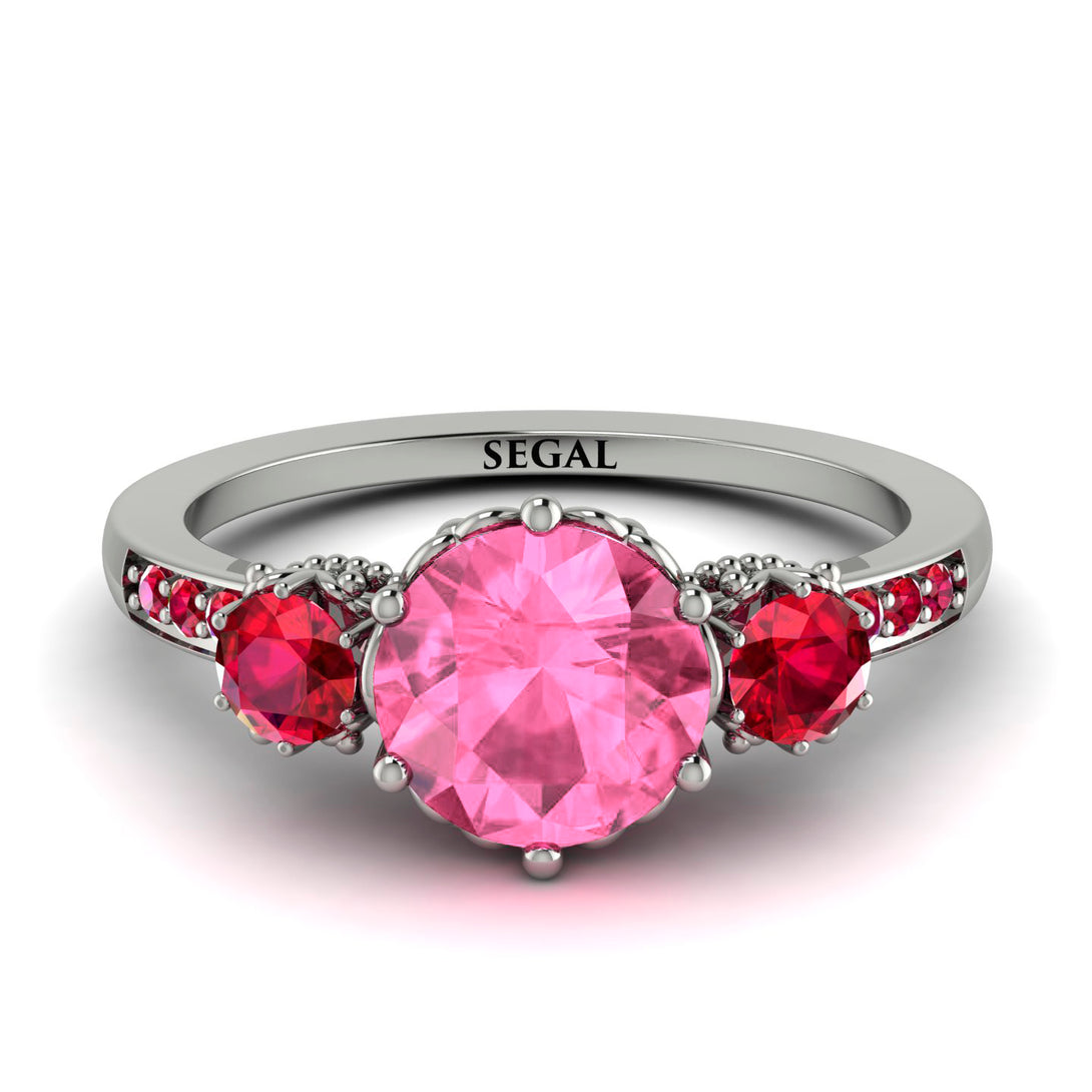 Vintage 3 Stones Pink Moissanite Ring With Micro Pave - Luna No. 815