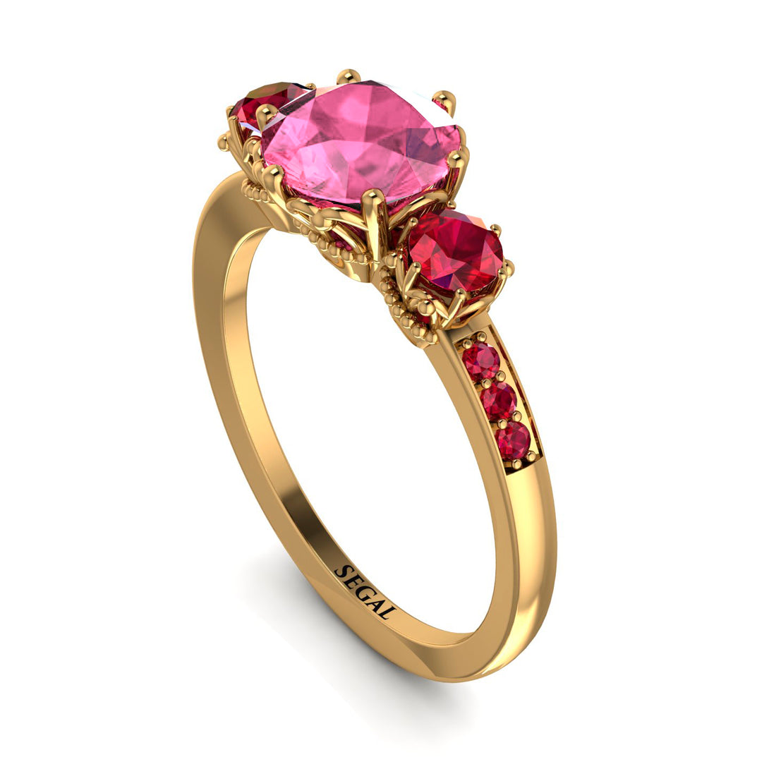 Vintage 3 Stones Pink Moissanite Ring With Micro Pave - Luna No. 813