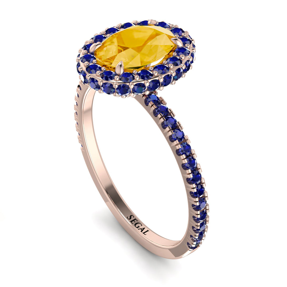 Oval Citrine Halo Hidden Sapphires Ring - Amy No. 614