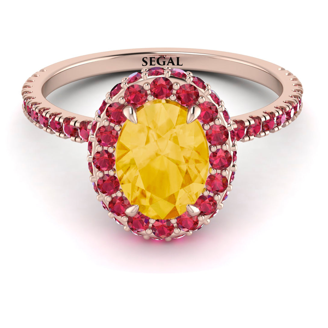 Oval Citrine Halo Hidden Rubies Ring - Amy No. 611