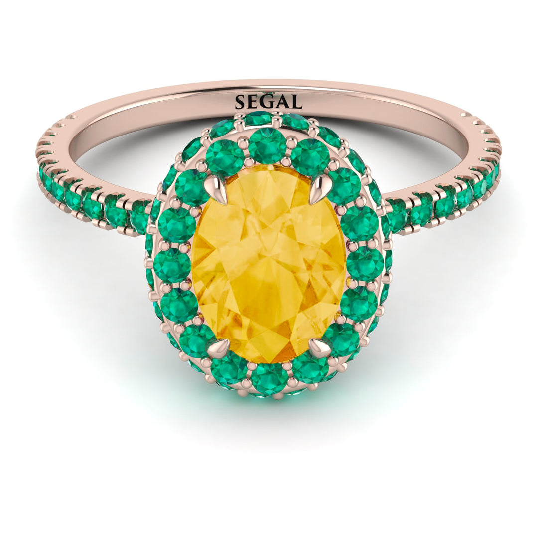 Oval Citrine Halo Hidden Emeralds Ring - Amy No. 605