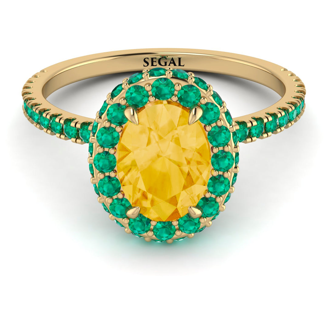 Oval Citrine Halo Hidden Emeralds Ring - Amy No. 604