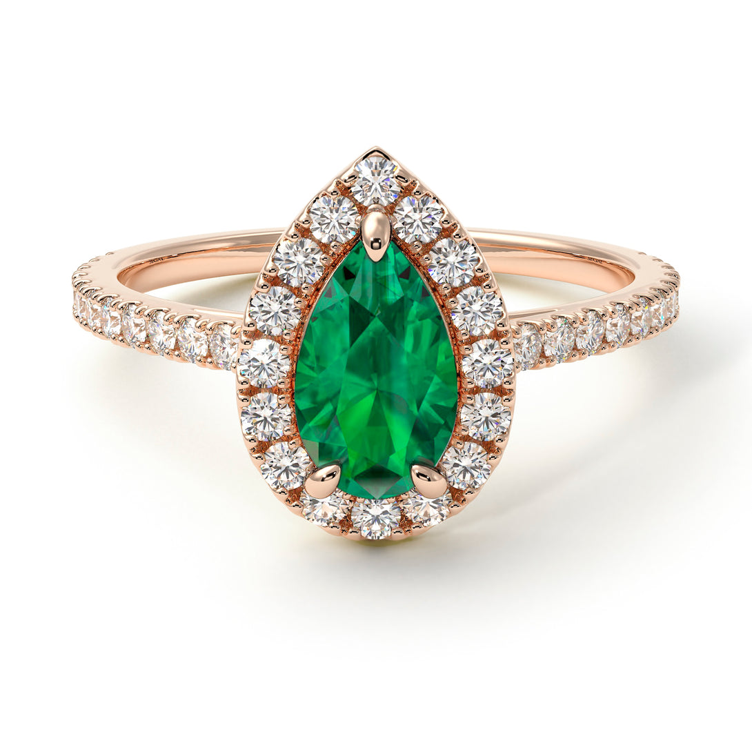 Pear Shaped Halo Emerald Ring - Janet No. 20