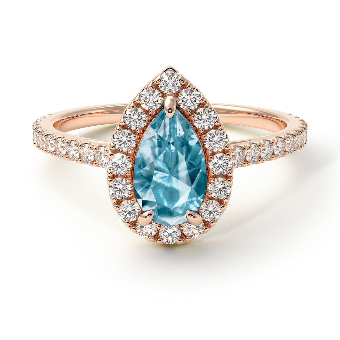 Pear Shaped Halo Aquamarine Ring - Janet No. 402