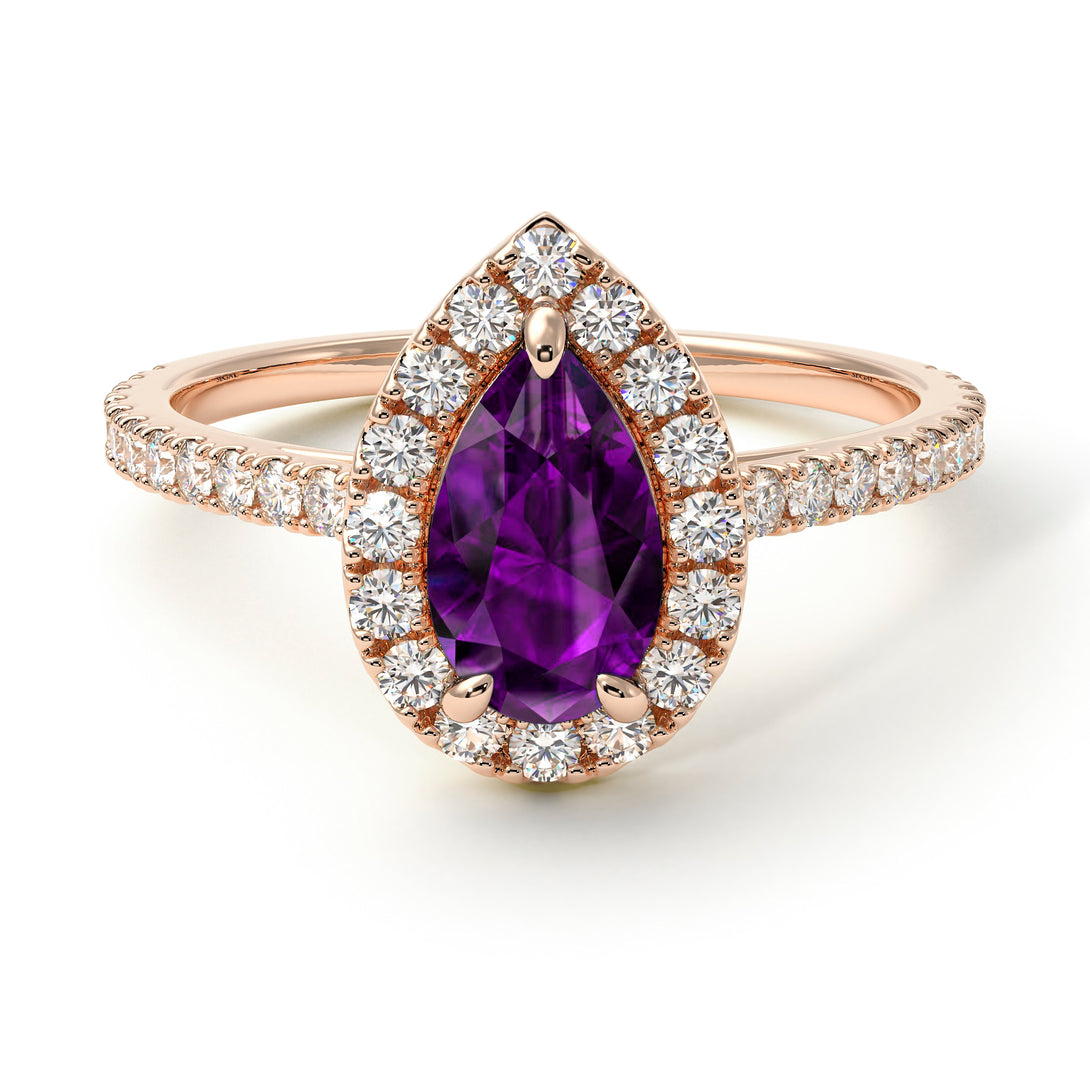 Pear Shaped Halo Amethyst Ring - Janet No. 302