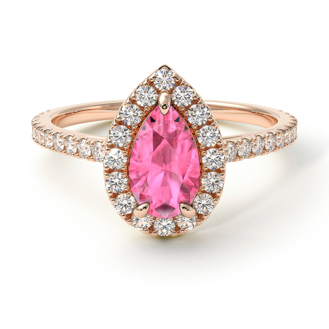 Pear Shaped Halo Pink Moissanite Ring - Janet No. 802