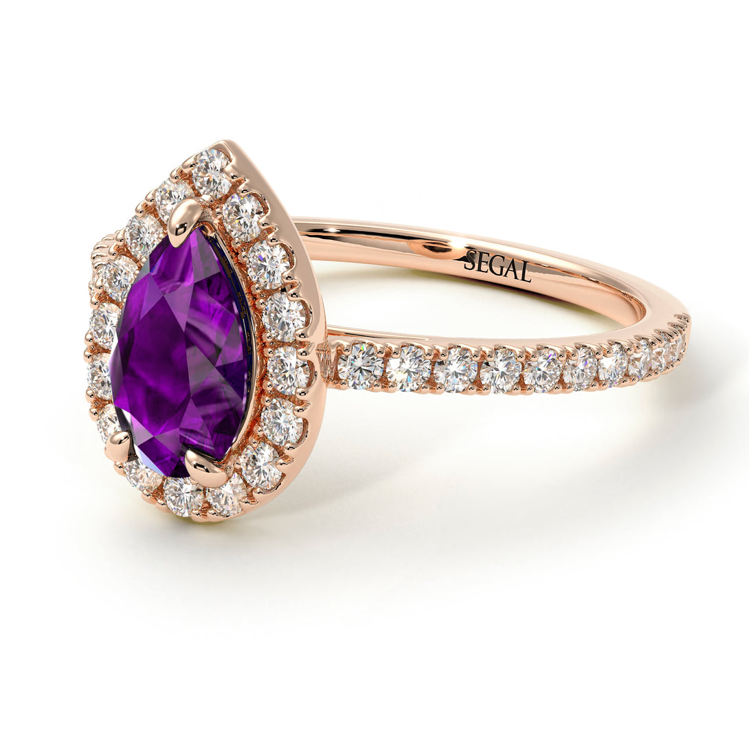 Pear Shaped Halo Amethyst Ring - Janet No. 302
