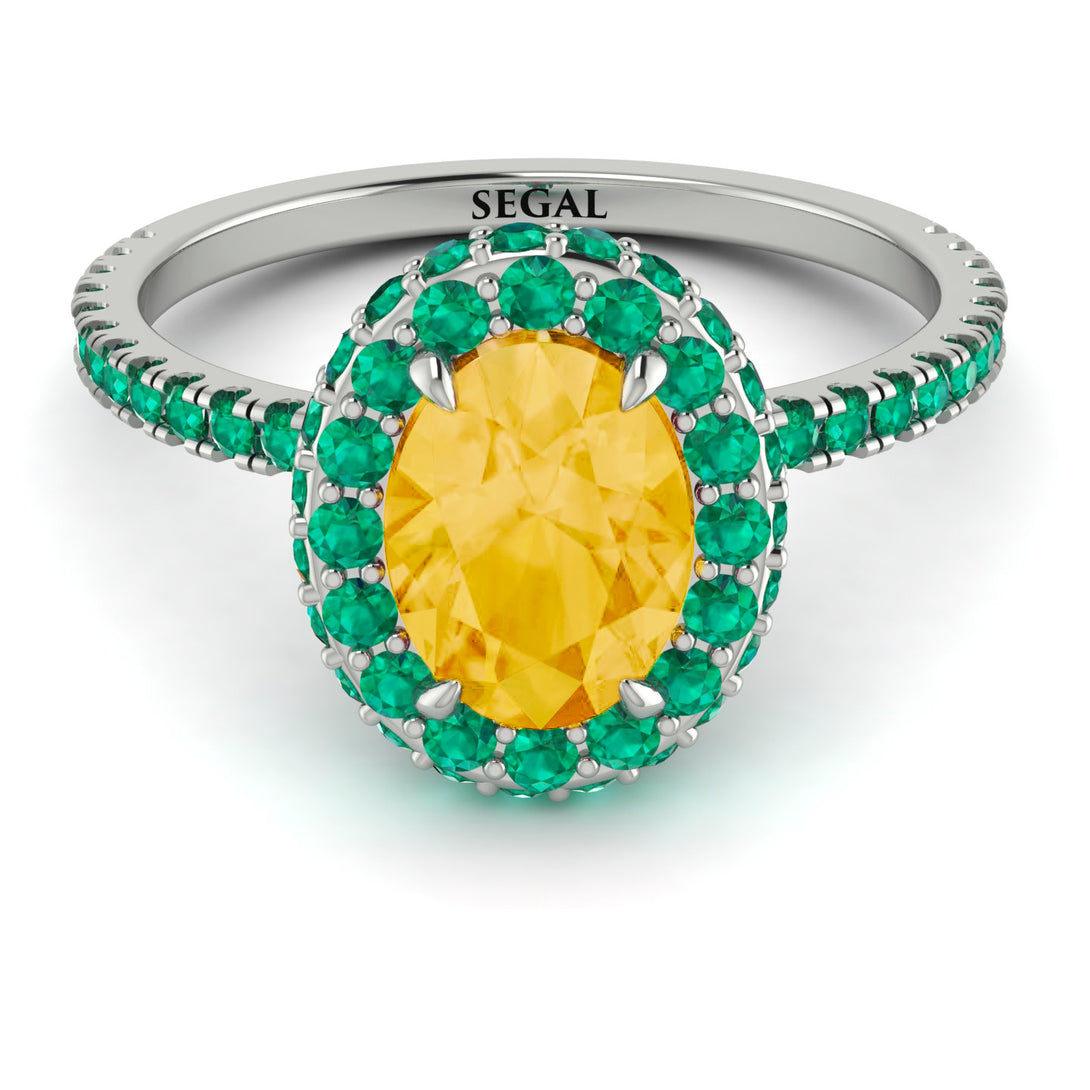 Oval Citrine Halo Hidden Emeralds Ring - Amy No. 606