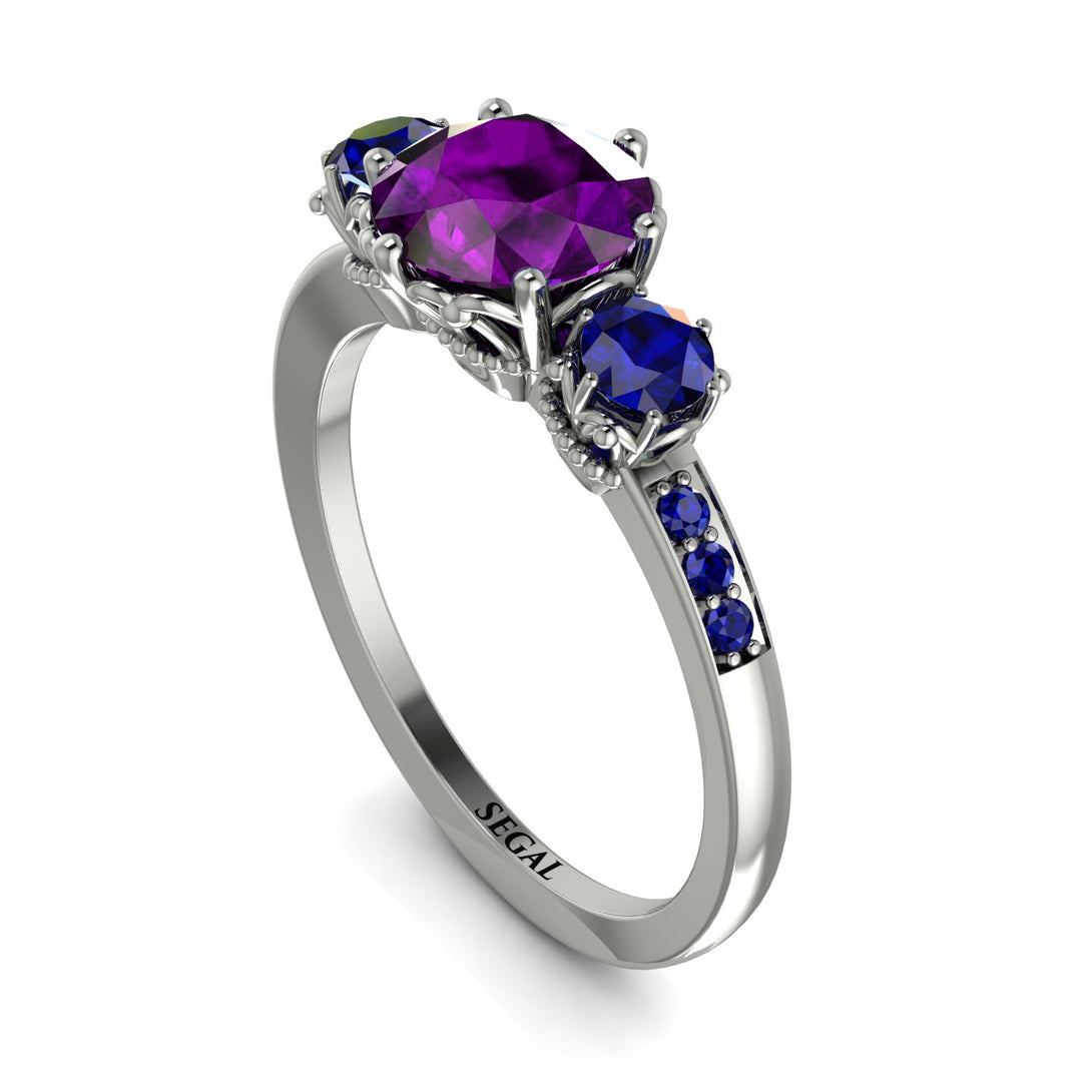 Vintage 3 Stones Amethyst Ring With Micro Pave - Luna No. 312