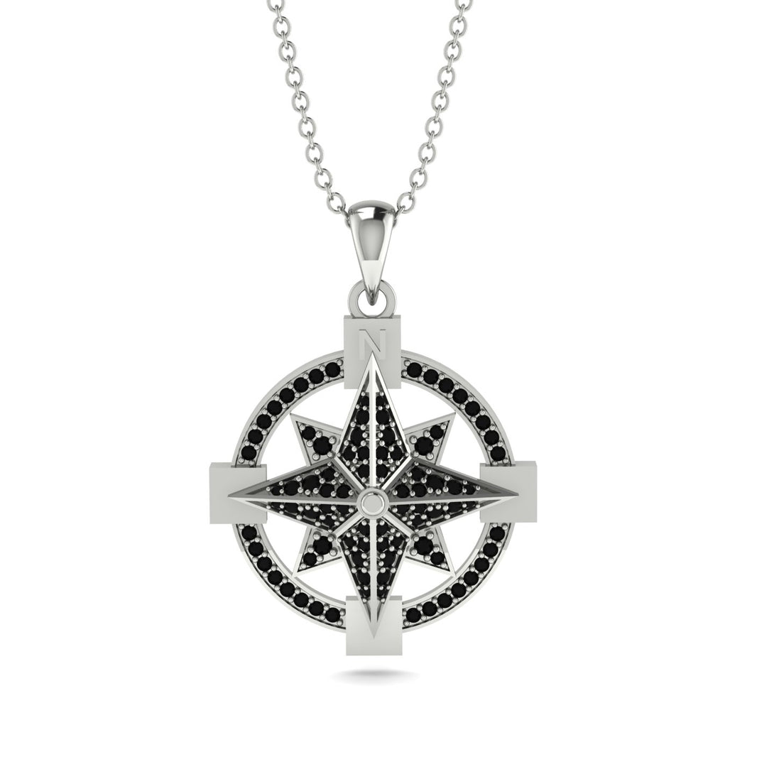 Black Diamond-Encrusted Compass Charm Necklace - Celeste No. 9