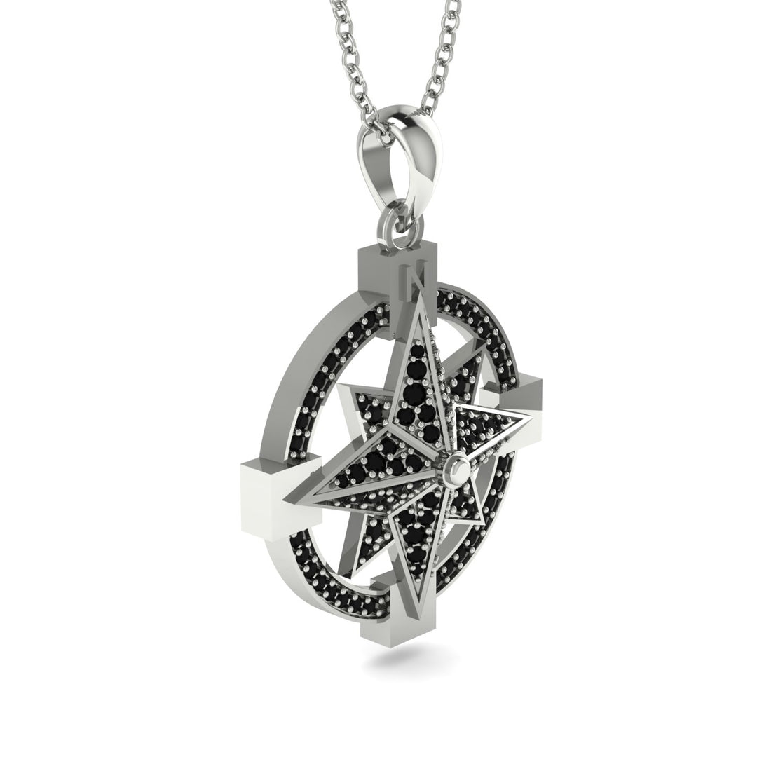 Black Diamond-Encrusted Compass Charm Necklace - Celeste No. 9