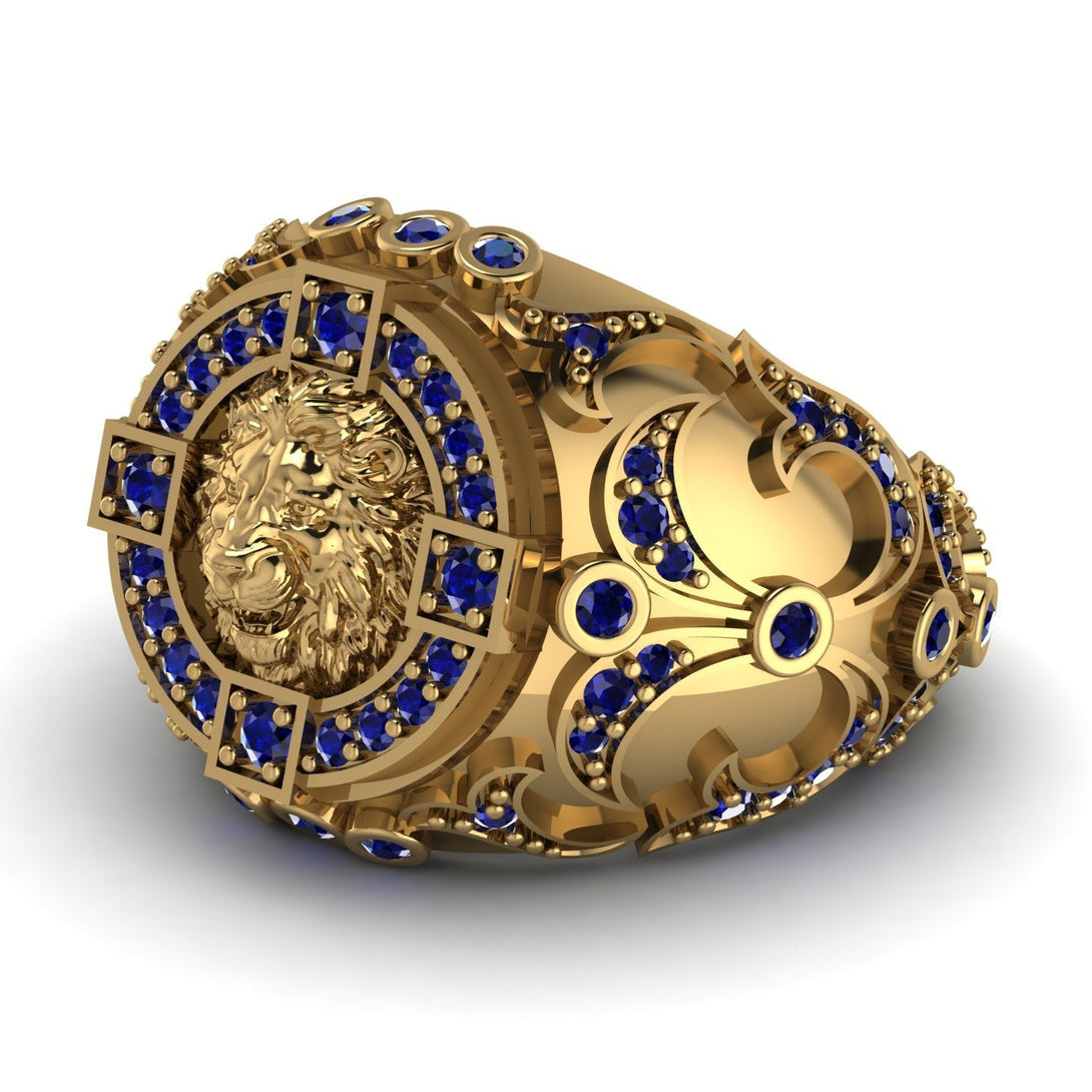 22k Sapphire Royal Lion Men Signet Ring - Terry No. 130