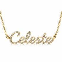 Celeste name necklace in solid 14K Yellow Gold, handmade in Los Angeles