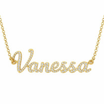 Vanessa name necklace in solid 14K Yellow Gold, handmade in Los Angeles
