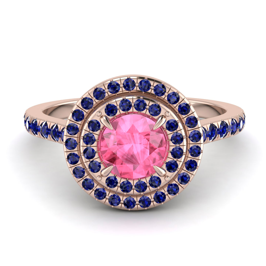 Double Halo Pink Moissanite Ring - Zoey No. 814