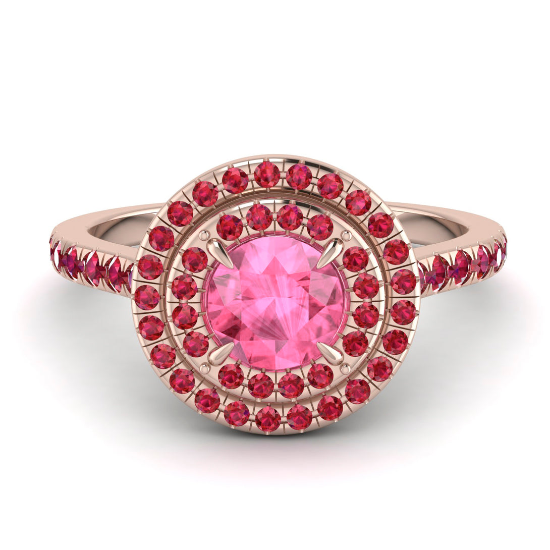 Double Halo Pink Moissanite Ring - Zoey No. 811
