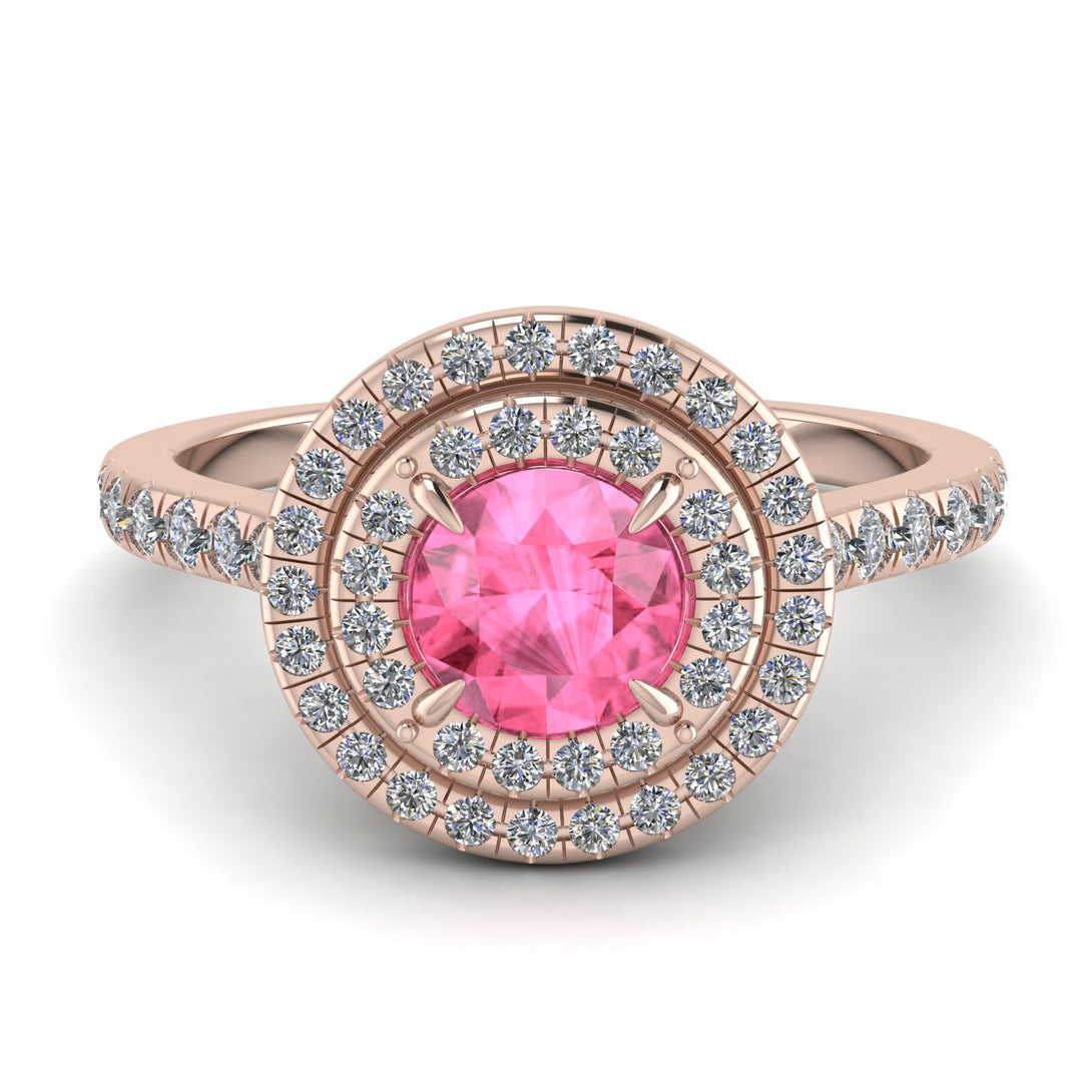 Double Halo Pink Moissanite Ring - Zoey No. 802