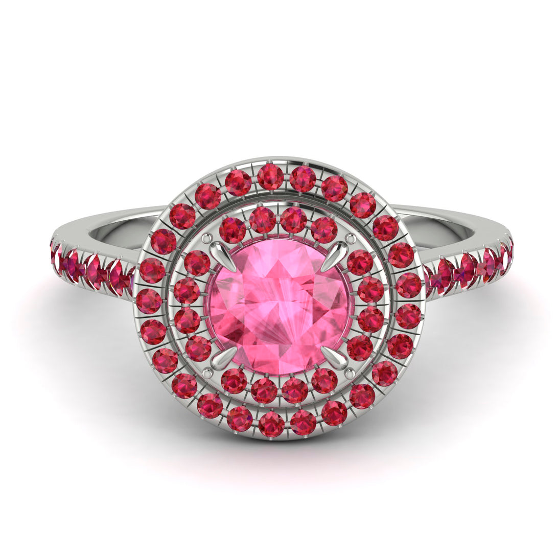 Double Halo Pink Moissanite Ring - Zoey No. 812